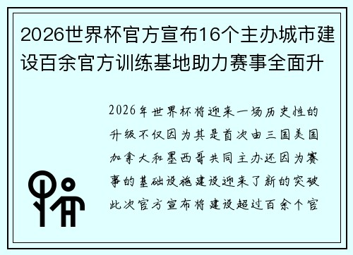 2026世界杯官方宣布16个主办城市建设百余官方训练基地助力赛事全面升级 ⚽ 2026世界杯官方宣布16个主办城市建设百余官方训练基地助力赛事全面升级 ⚽